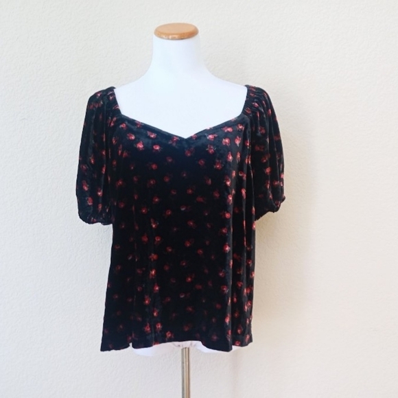 Loft velvet floral puff sleeve sweetheart neckline blouse - Picture 4 of 10